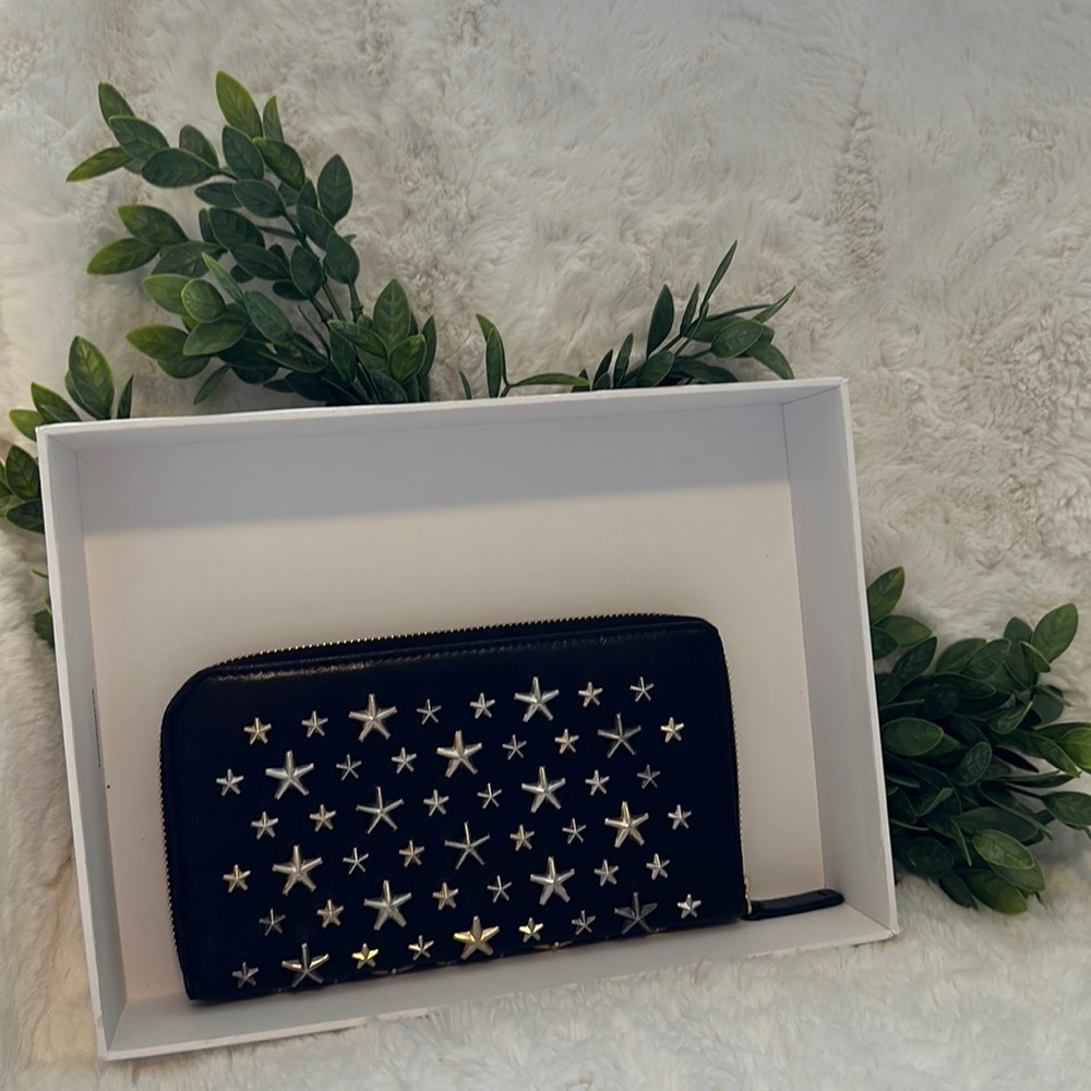 JIMMY CHOO Black leather zippy wallet GOLD/SILVER Stars clean pristine Authentic